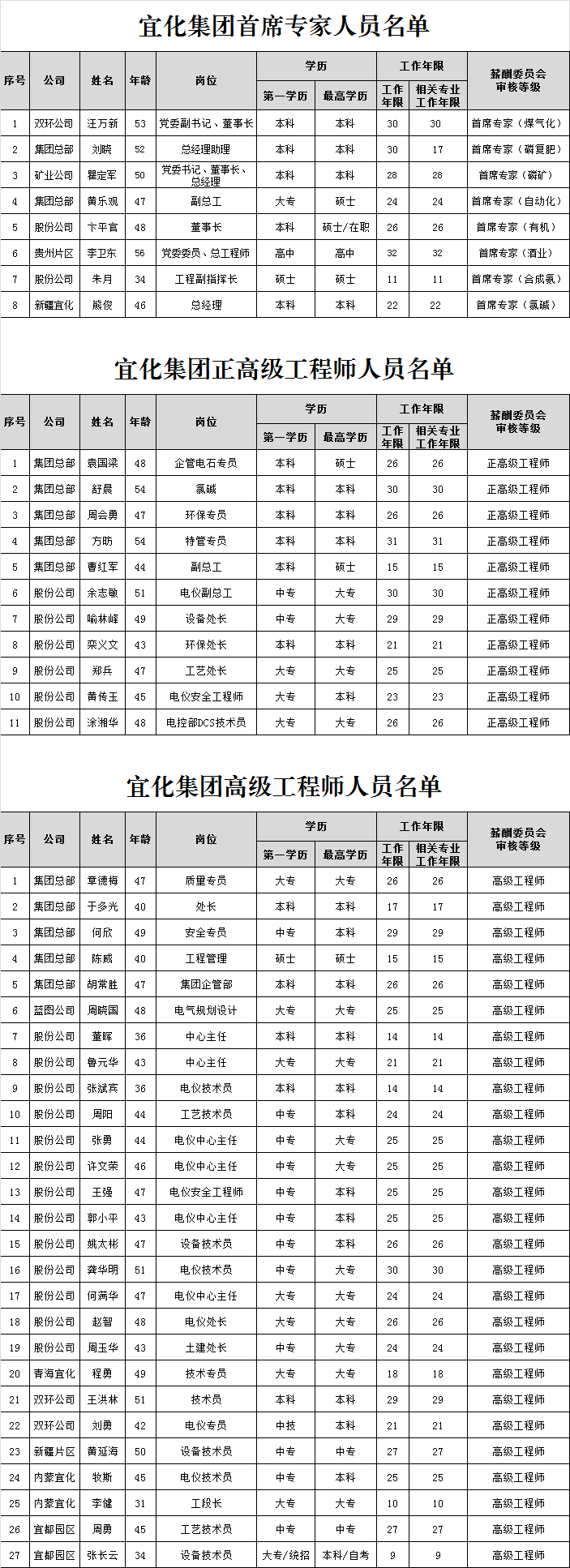 宜化集團(tuán)首席專家、正高級工程師、高級工程師評審結(jié)果公示